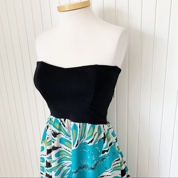Tricia Fix Black Teal Peacock Strapless Sundress Size Small - Picture 2 of 13
